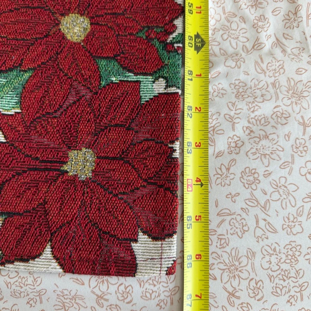 Vintage Christmas Poinsettia Tapestry Table Runner Red Green Gold 66x12.5